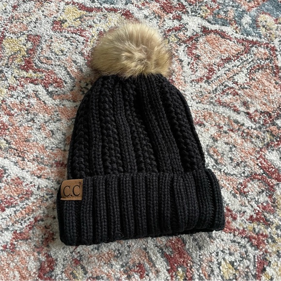 C.C Accessories - C.C Thick Cable Knit Faux Fuzzy Fur Pom Fleece Lined Skull Cap Cuff Beanie
